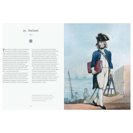 The illustration, featured in "A History of Sailing in 100 Objects" by Adlard Coles, depicts a 1757 naval officer with a tricorn hat, blue coat, and white trousers, holding a sextant. Ships are seen behind him, with left-side text highlighting the sextant's historic significance in navigation.