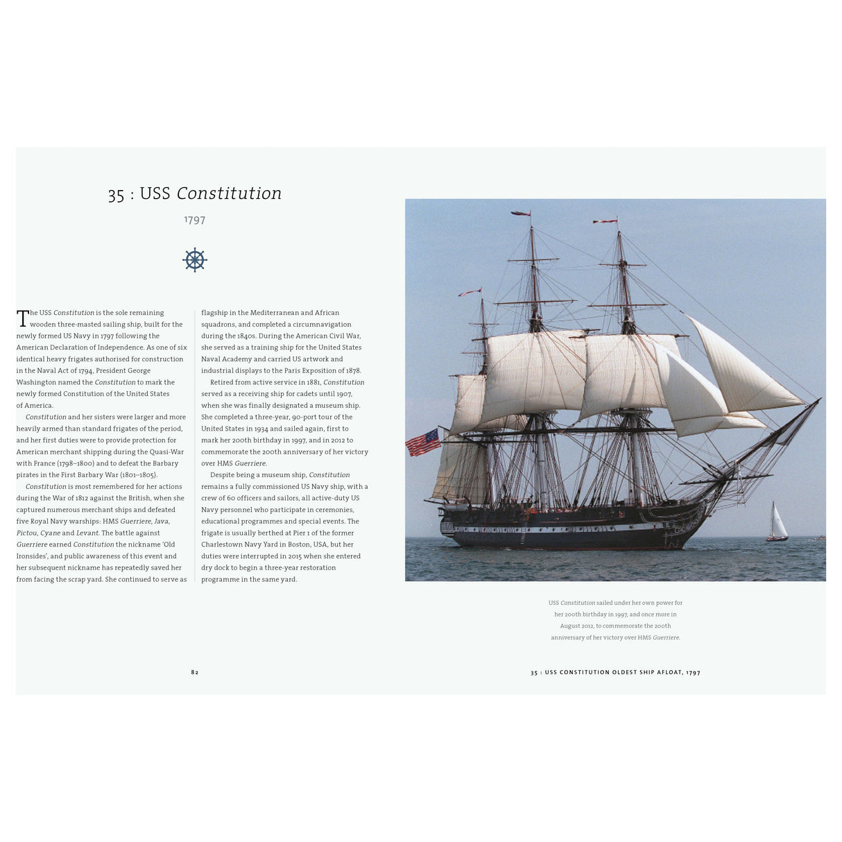 A page from "A History of Sailing in 100 Objects" by Adlard Coles features the USS Constitution. The left side discusses its history from 1797, battles, preservation, and nickname "Old Ironsides," while the right side displays a large image of the ship with full sails and an American flag.