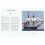 A page from "A History of Sailing in 100 Objects" by Adlard Coles features the USS Constitution. The left side discusses its history from 1797, battles, preservation, and nickname "Old Ironsides," while the right side displays a large image of the ship with full sails and an American flag.