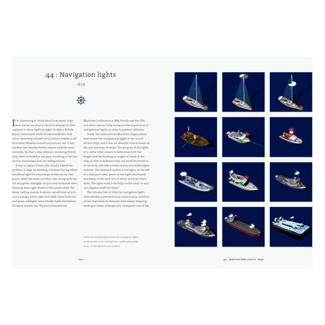 Image from "A History of Sailing in 100 Objects" by Adlard Coles, displaying navigation lights on various boats. The image highlights maritime technology with a page on 18th-century navigation lights and 12 illustrations showing different vessels with unique light patterns.