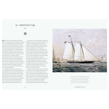 An illustration of a 19th-century racing yacht captures sailing history, featuring the 1851 America's Cup event. A decorative compass rose and instruments with "51" underscore maritime tech's impact in Adlard Coles' "A History of Sailing in 100 Objects.