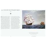 Adlard Coles' "A History of Sailing in 100 Objects" features an illustration of the clipper ship Cutty Sark navigating choppy seas, with a 19th-century ship in the background, a lighthouse on the horizon, and text detailing maritime innovations and sailing history.