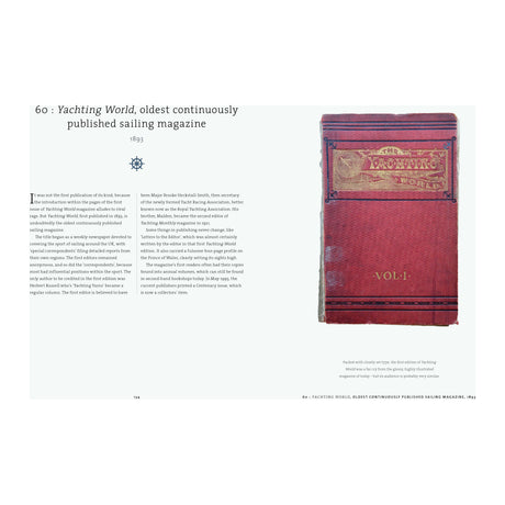 An open book exhibits the cover of "A History of Sailing in 100 Objects" by Adlard Coles and a page on sailing history. The crimson cover with gold text and intricate designs underscores its status as the oldest continuous chronicle of maritime innovations since 1893.