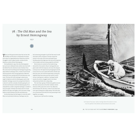 A vintage photo of a fisherman on a small boat trying to harpoon a large fish at sea captures sailing history, featured in "A History of Sailing in 100 Objects" by Adlard Coles and connected to Ernest Hemingway's "The Old Man and the Sea" from 1952.