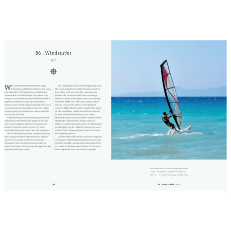 A person windsurfs on a blue ocean, exploring maritime innovations with the invention of the windsurfer by Hoyle Schweitzer and Jim Drake in 1970. On the left is sailing history text and a heading; on the right, a windsurfer in action. Featured in "A History of Sailing in 100 Objects" by Adlard Coles.