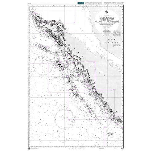 Product image of Admiralty Chart 2760 | Sumatera West Coast Pulau We to Pulau Enggano, featuring navigational markings, depth soundings, and coastal features, essential for safe marine navigation. It could be displayed as an art piece or used for navigation on a boat or ship.