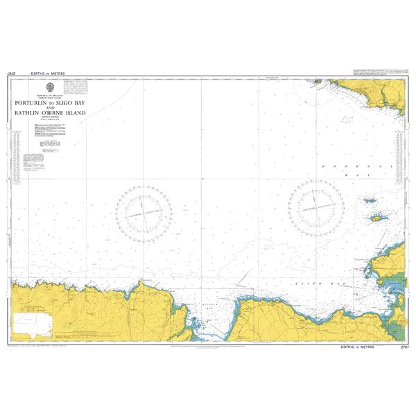 Product image of Admiralty Chart 2767 | Porturlin to Sligo Bay and Rathlin O'Birne Island, featuring navigational markings, depth soundings, and coastal features, essential for safe marine navigation. It could be displayed as an art piece or used for navigation on a boat or ship.