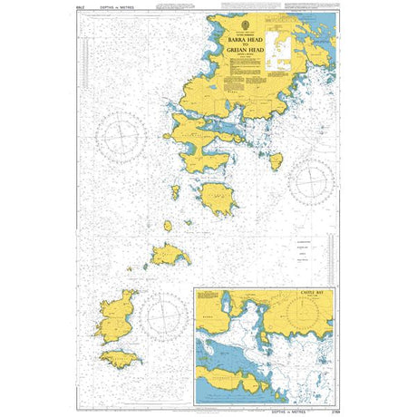 Product image of Admiralty Chart 2769 | Barra Head to Greian Head, featuring navigational markings, depth soundings, and coastal features, essential for safe marine navigation. It could be displayed as an art piece or used for navigation on a boat or ship.