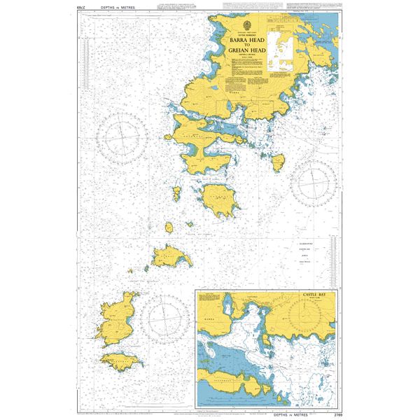 Product image of Admiralty Chart 2769 | Barra Head to Greian Head, featuring navigational markings, depth soundings, and coastal features, essential for safe marine navigation. It could be displayed as an art piece or used for navigation on a boat or ship.