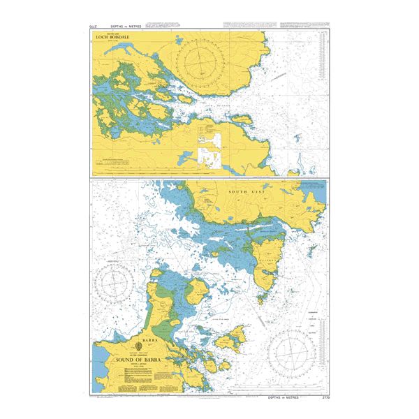 Product image of Admiralty Chart 2770 | Sound of Barra, featuring navigational markings, depth soundings, and coastal features, essential for safe marine navigation. It could be displayed as an art piece or used for navigation on a boat or ship.