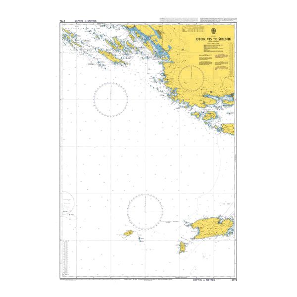 Product image of Admiralty Chart 2774 | Otok Vis to Sibenik, featuring navigational markings, depth soundings, and coastal features, essential for safe marine navigation. It could be displayed as an art piece or used for navigation on a boat or ship.