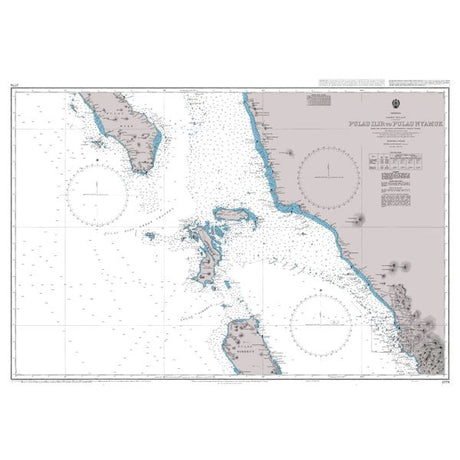 Product image of Admiralty Chart 2779 | Pulau Ilir to Pulau Nyamuk, featuring navigational markings, depth soundings, and coastal features, essential for safe marine navigation. It could be displayed as an art piece or used for navigation on a boat or ship.