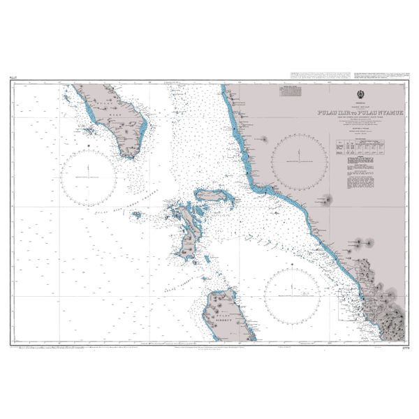 Product image of Admiralty Chart 2779 | Pulau Ilir to Pulau Nyamuk, featuring navigational markings, depth soundings, and coastal features, essential for safe marine navigation. It could be displayed as an art piece or used for navigation on a boat or ship.