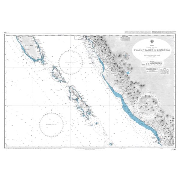 Product image of Admiralty Chart 2780 | Pulau Nyamuk to Bengkulu, featuring navigational markings, depth soundings, and coastal features, essential for safe marine navigation. It could be displayed as an art piece or used for navigation on a boat or ship.