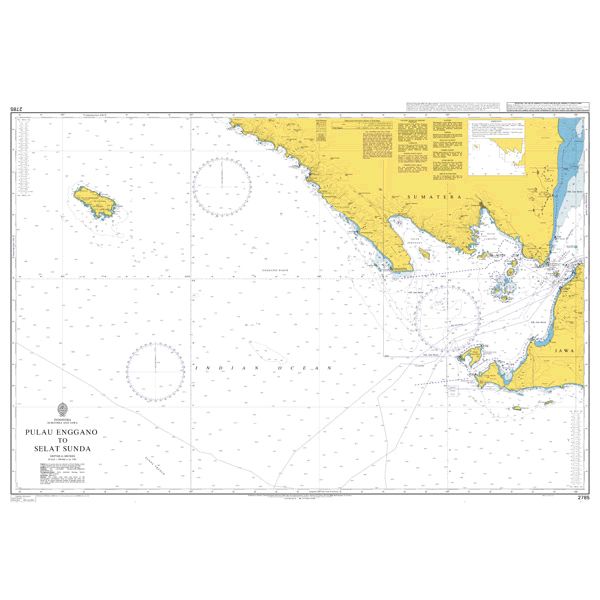 Product image of Admiralty Chart 2785 | Pulau Enggano to Selat Sunda, featuring navigational markings, depth soundings, and coastal features, essential for safe marine navigation. It could be displayed as an art piece or used for navigation on a boat or ship.