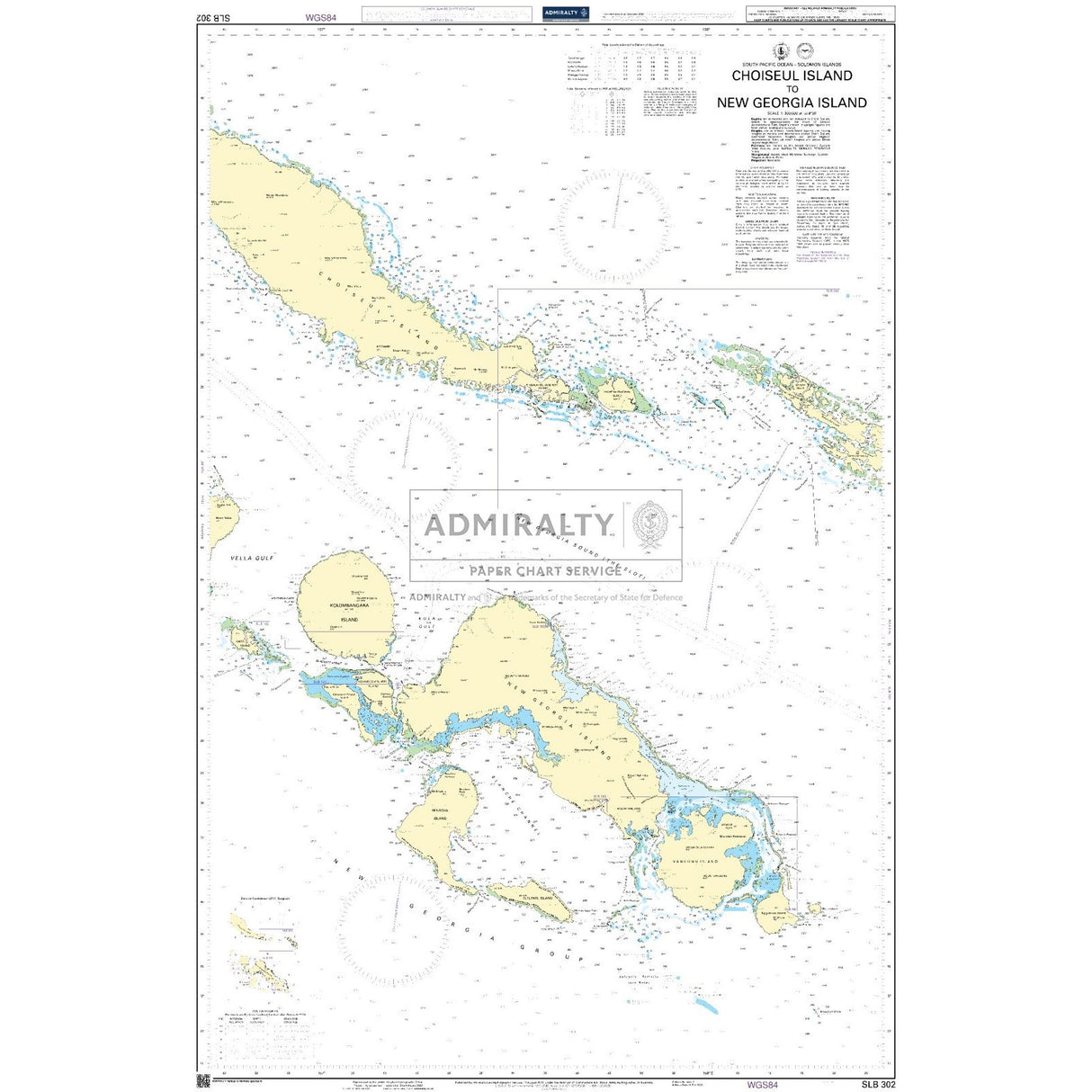 Admiralty Chart SLB302: Choiseul Island to New Georgia Island by Admiralty provides marked depths, coastal features, navigation symbols, and textual navigation info for the Solomon Islands.