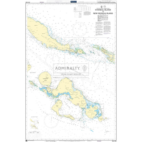 Admiralty Chart SLB302: Choiseul Island to New Georgia Island by Admiralty provides marked depths, coastal features, navigation symbols, and textual navigation info for the Solomon Islands.