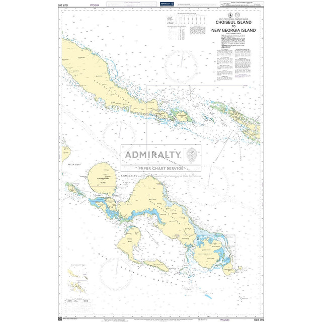 Admiralty Chart SLB302: Choiseul Island to New Georgia Island by Admiralty provides marked depths, coastal features, navigation symbols, and textual navigation info for the Solomon Islands.