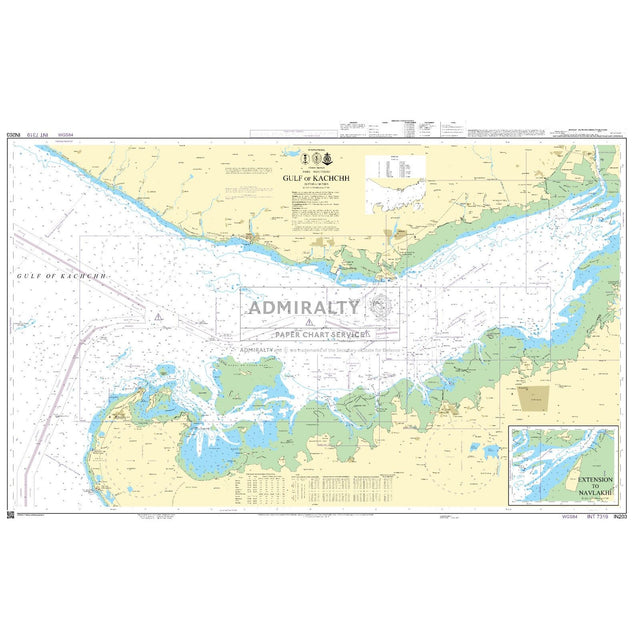 Admiralty Chart IN203: Gulf of Kachchh by Admiralty displays maritime routes, coastal features, navigation aids, and an inset map with English labels and compass markings.