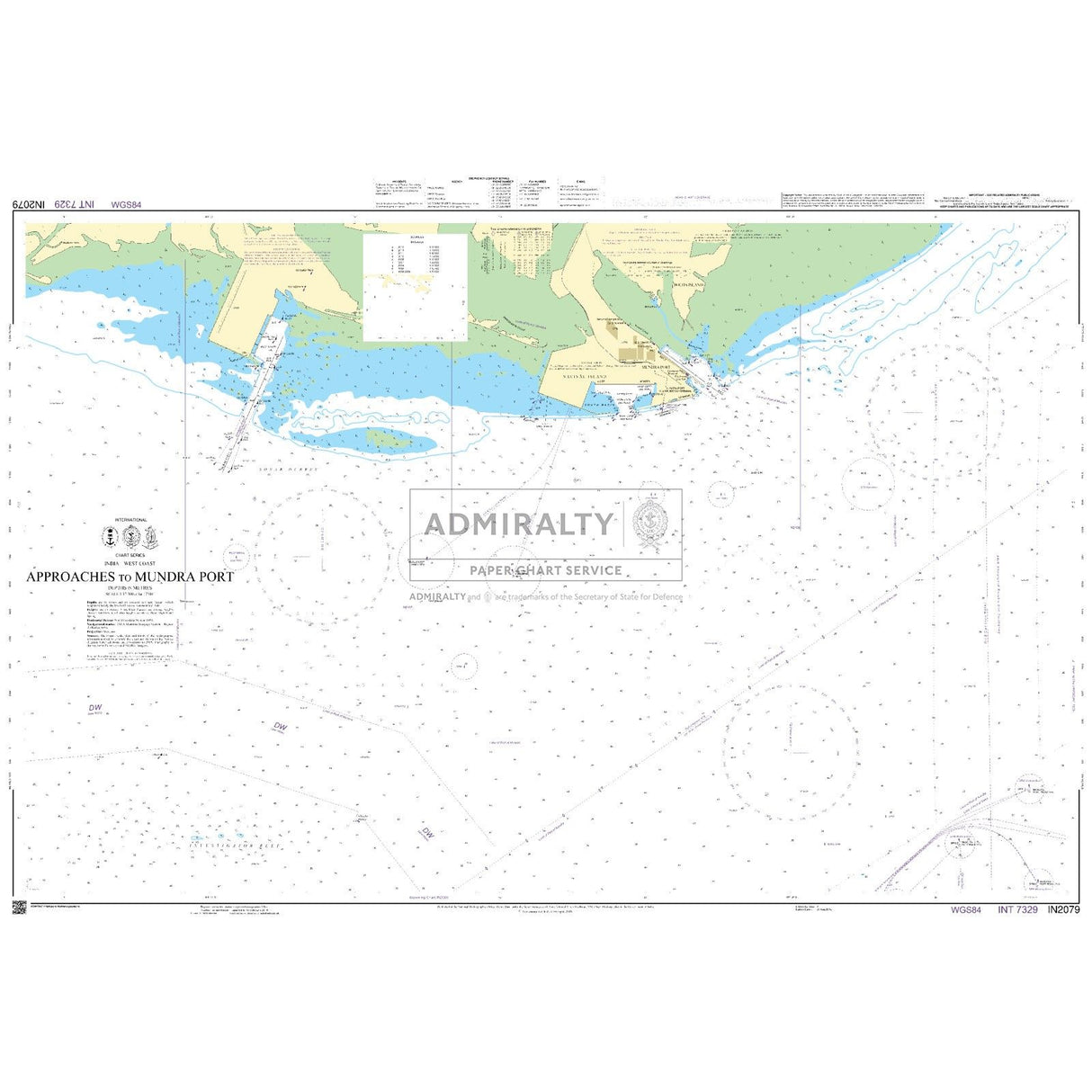 Admiralty Chart IN2079: Approaches to Mundra Port by Admiralty displays water depths, navigation aids, shipping lanes, port facilities, and coastal features with official UKHO symbols for safe maritime navigation.