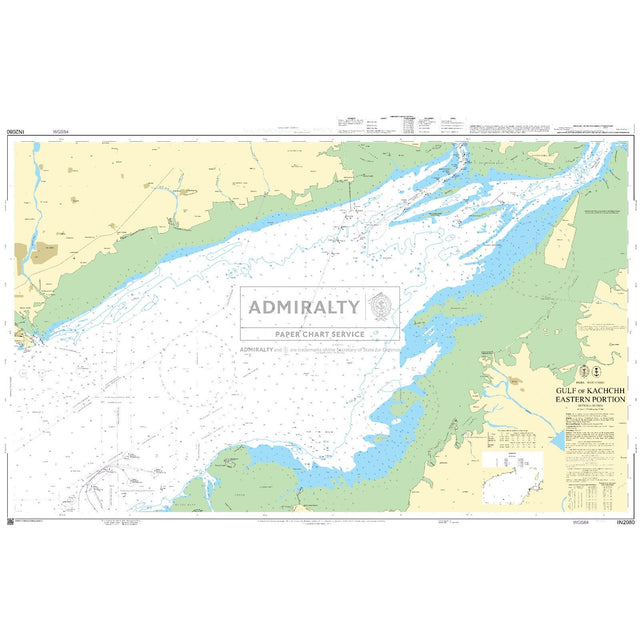 Admiralty Chart IN2080: Gulf of Kachchh Eastern Portion by Admiralty displays detailed depths, navigation routes, coastal features, and adjacent land areas to Admiralty Standard.