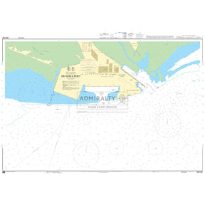 Admiralty Chart IN2106: Mundra Port by Admiralty illustrates India's coastline, port facilities, docks, navigation aids, depths, and shipping lanes with land in yellow and water in blue.