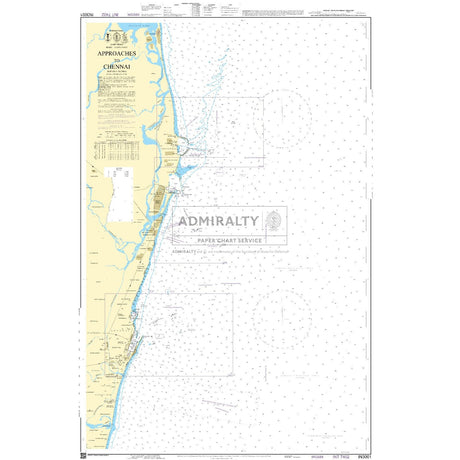 Admiralty Chart IN3001: Approaches to Chennai by Admiralty details water depths, navigation routes, coastline features, and port info near Chennai, India—produced to Admiralty Standard for safe maritime navigation.