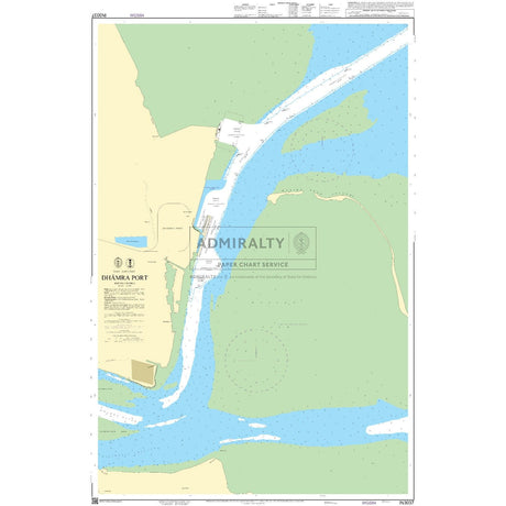 Admiralty Chart IN3037: Dhamra Port by Admiralty follows Admiralty Standard Nautical Chart guidelines, displaying waterways, docks, land features, navigation markers, depth contours, key port details, with legend and scale on the left.