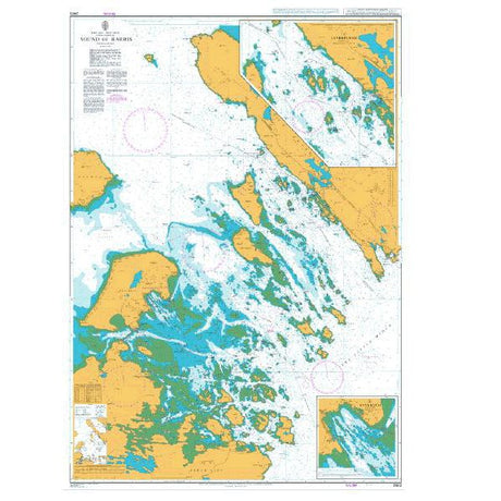 Product image of Admiralty Chart 2802 | Sound of Harris, featuring navigational markings, depth soundings, and coastal features, essential for safe marine navigation. It could be displayed as an art piece or used for navigation on a boat or ship.