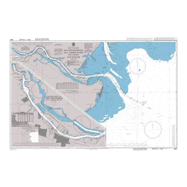 Product image of Admiralty Chart 2807 | Savannah River and Approaches including Savannah, featuring navigational markings, depth soundings, and coastal features, essential for safe marine navigation. It could be displayed as an art piece or used for navigation on a boat or ship.