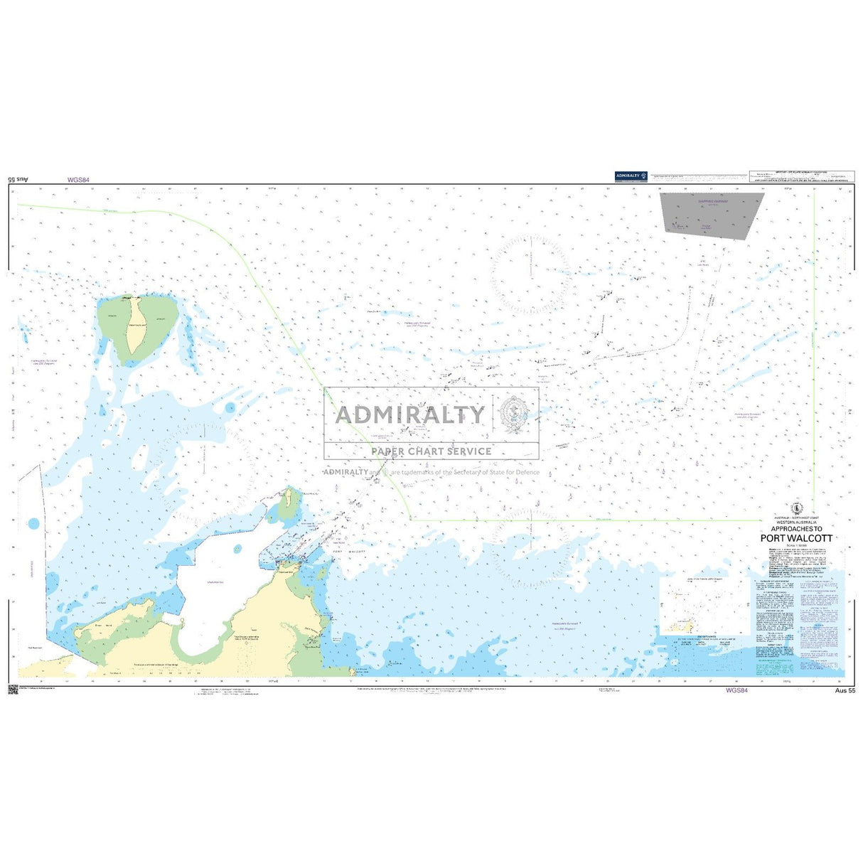 The Admiralty Chart AUS55: Approaches to Port Walcott by Admiralty provides detailed coastal features, water depths, and navigation routes for safe maritime navigation near Port Walcott.