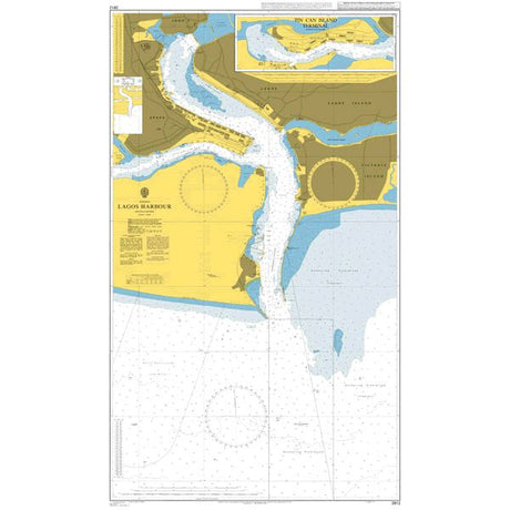 Product image of Admiralty Chart 2812 | Lagos Harbour, featuring navigational markings, depth soundings, and coastal features, essential for safe marine navigation. It could be displayed as an art piece or used for navigation on a boat or ship.