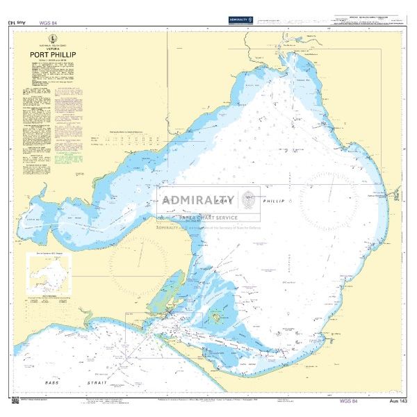 Admiralty Chart AUS143: Port Phillip by Admiralty is an official nautical chart for Melbourne's coastal waters, showing water depths, navigational markers, shipping channels, and a compass rose.