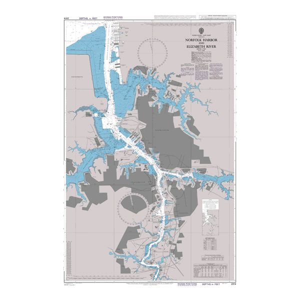 Product image of Admiralty Chart 2814 | Norfolk Harbor and Elizabeth River, featuring navigational markings, depth soundings, and coastal features, essential for safe marine navigation. It could be displayed as an art piece or used for navigation on a boat or ship.