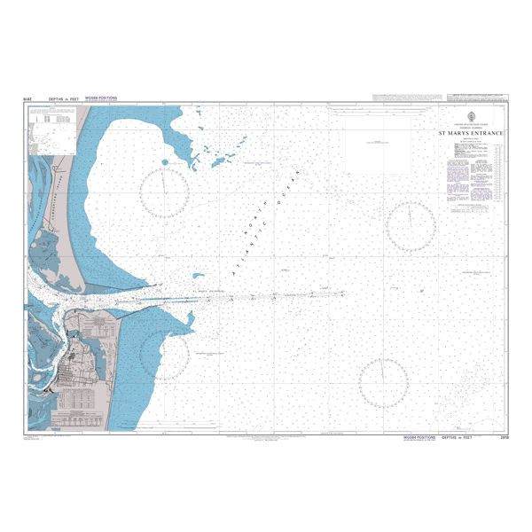 Product image of Admiralty Chart 2818 | St Marys Entrance, featuring navigational markings, depth soundings, and coastal features, essential for safe marine navigation. It could be displayed as an art piece or used for navigation on a boat or ship.