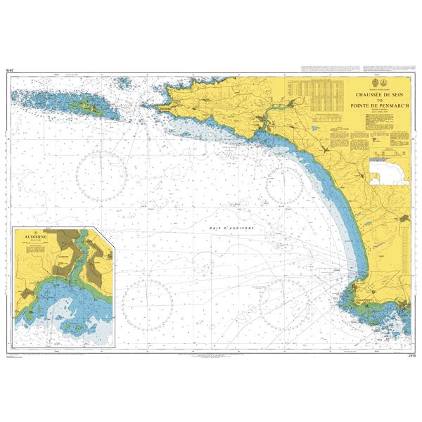 Product image of Admiralty Chart 2819 | Chaussee de Sein to Pointe de Penmarc'h, featuring navigational markings, depth soundings, and coastal features, essential for safe marine navigation. It could be displayed as an art piece or used for navigation on a boat or ship.