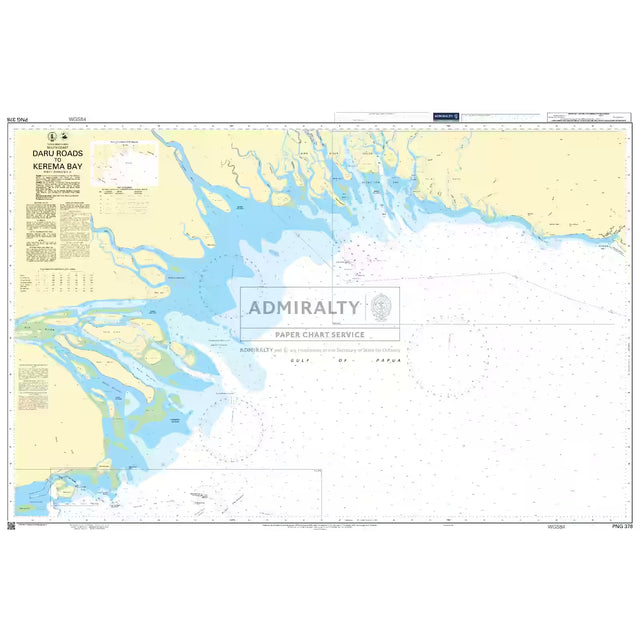 Product image of Admiralty Chart PNG378 | Daru Roads to Kerema Bay, featuring navigational markings, depth soundings, and coastal features, essential for safe marine navigation. It could be displayed as an art piece or used for navigation on a boat or ship.