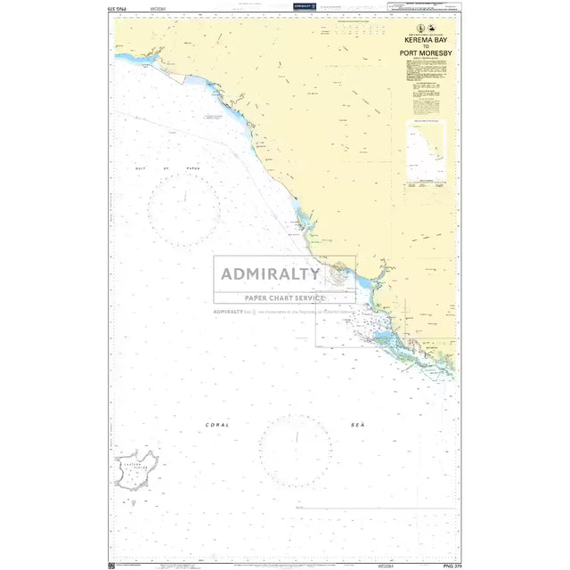 Product image of Admiralty Chart PNG379 | Kerema Bay to Port Moresby, featuring navigational markings, depth soundings, and coastal features, essential for safe marine navigation. It could be displayed as an art piece or used for navigation on a boat or ship.