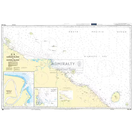 Product image of Admiralty Chart PNG388 | Karkar Island to Kairiru Island, featuring navigational markings, depth soundings, and coastal features, essential for safe marine navigation. It could be displayed as an art piece or used for navigation on a boat or ship.