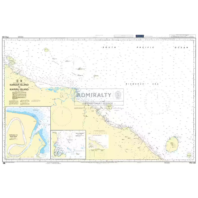 Product image of Admiralty Chart PNG388 | Karkar Island to Kairiru Island, featuring navigational markings, depth soundings, and coastal features, essential for safe marine navigation. It could be displayed as an art piece or used for navigation on a boat or ship.