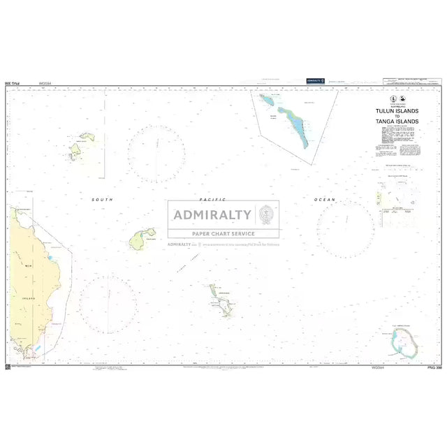 Product image of Admiralty Chart PNG398 | Tulun Islands to Tanga Islands, featuring navigational markings, depth soundings, and coastal features, essential for safe marine navigation. It could be displayed as an art piece or used for navigation on a boat or ship.