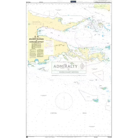 Product image of Admiralty Chart PNG508 | Brumer Islands to Goschen Strait, featuring navigational markings, depth soundings, and coastal features, essential for safe marine navigation. It could be displayed as an art piece or used for navigation on a boat or ship.