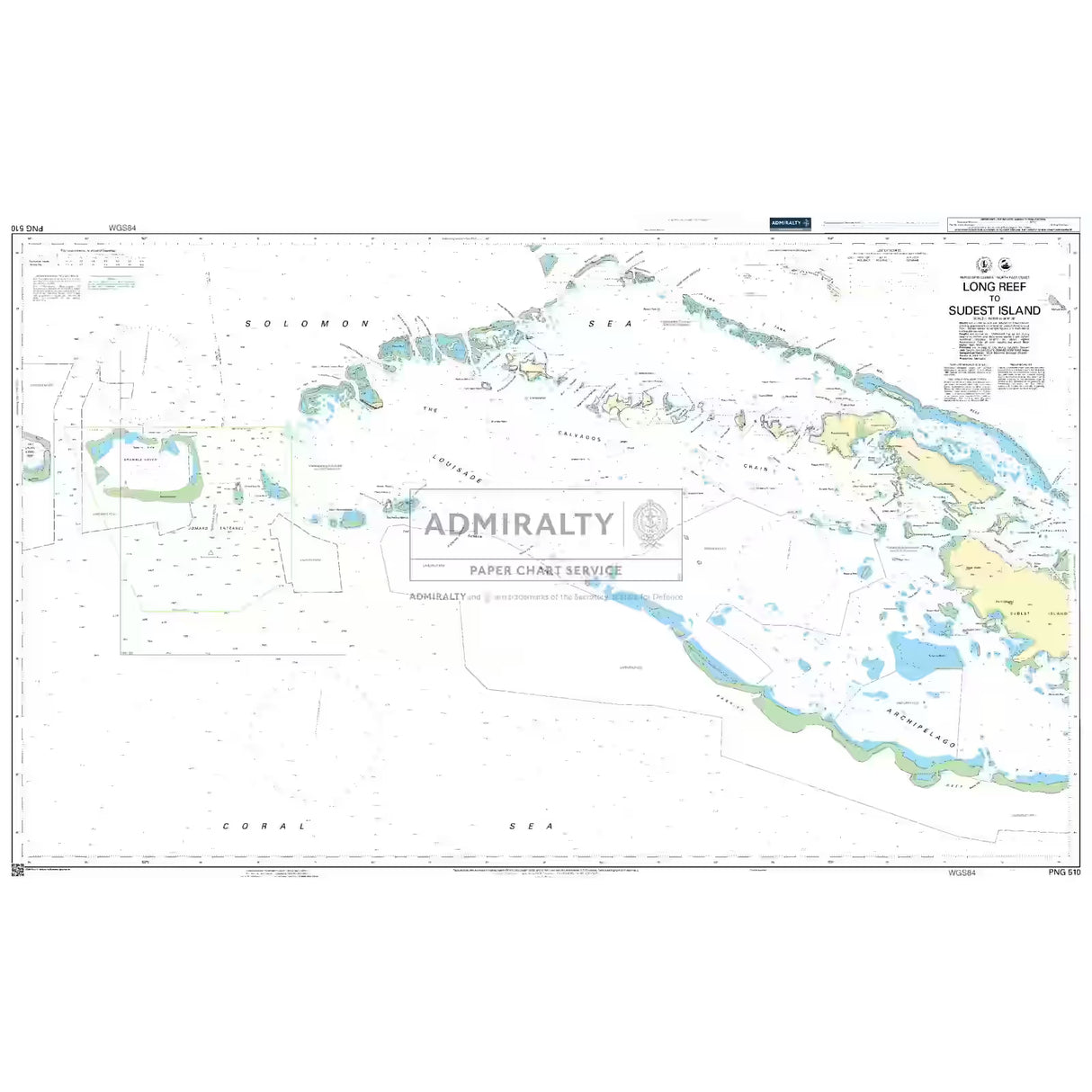 Product image of Admiralty Chart PNG510 | Long Reef to Sudest Island, featuring navigational markings, depth soundings, and coastal features, essential for safe marine navigation. It could be displayed as an art piece or used for navigation on a boat or ship.