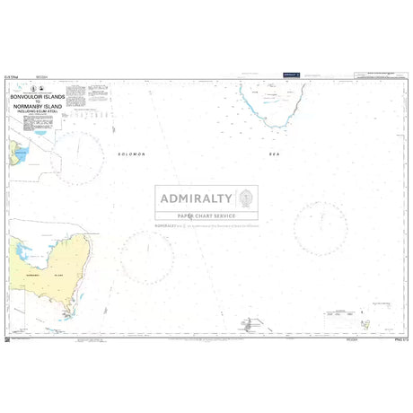 Product image of Admiralty Chart PNG513 | Bonvouloir Islands to Normanby Island including Egum Atoll, featuring navigational markings, depth soundings, and coastal features, essential for safe marine navigation. It could be displayed as an art piece or used for navigation on a boat or ship.