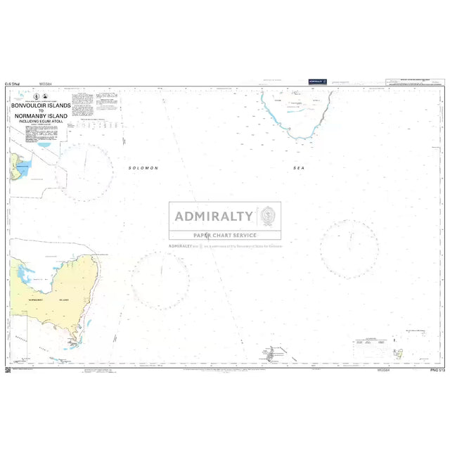 Product image of Admiralty Chart PNG513 | Bonvouloir Islands to Normanby Island including Egum Atoll, featuring navigational markings, depth soundings, and coastal features, essential for safe marine navigation. It could be displayed as an art piece or used for navigation on a boat or ship.