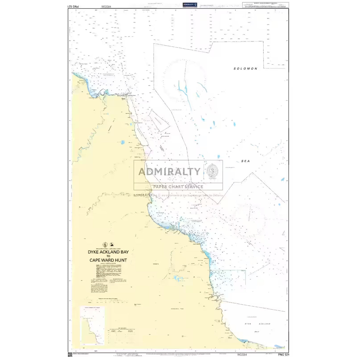Product image of Admiralty Chart PNG521 | Dyke Ackland Bay To Cape Ward Hunt, featuring navigational markings, depth soundings, and coastal features, essential for safe marine navigation. It could be displayed as an art piece or used for navigation on a boat or ship.