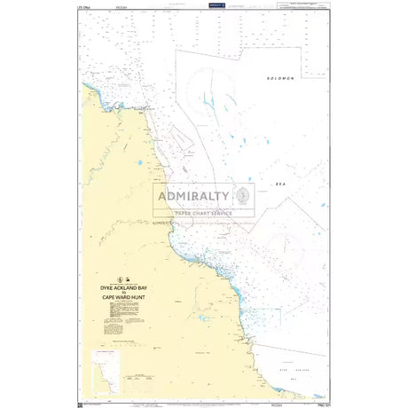 Product image of Admiralty Chart PNG521 | Dyke Ackland Bay To Cape Ward Hunt, featuring navigational markings, depth soundings, and coastal features, essential for safe marine navigation. It could be displayed as an art piece or used for navigation on a boat or ship.