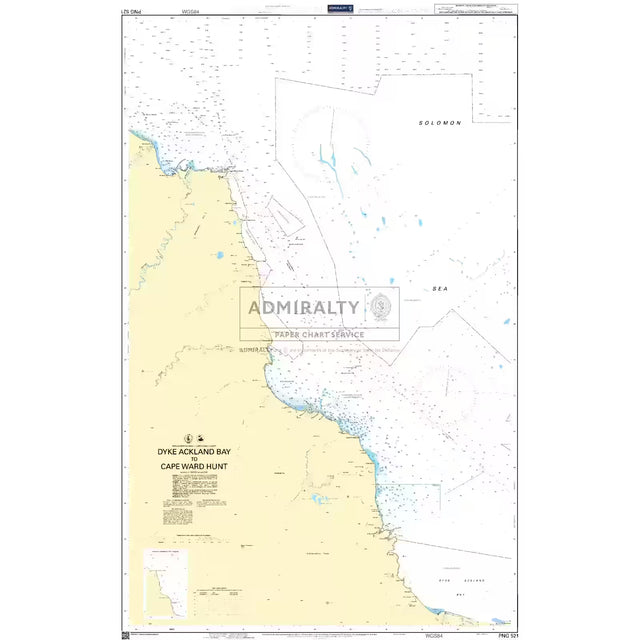 Product image of Admiralty Chart PNG521 | Dyke Ackland Bay To Cape Ward Hunt, featuring navigational markings, depth soundings, and coastal features, essential for safe marine navigation. It could be displayed as an art piece or used for navigation on a boat or ship.