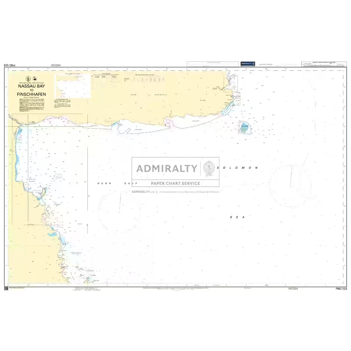 Product image of Admiralty Chart PNG523 | Nassau Bay to Finschhafen, featuring navigational markings, depth soundings, and coastal features, essential for safe marine navigation. It could be displayed as an art piece or used for navigation on a boat or ship.