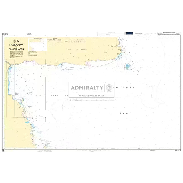 Product image of Admiralty Chart PNG523 | Nassau Bay to Finschhafen, featuring navigational markings, depth soundings, and coastal features, essential for safe marine navigation. It could be displayed as an art piece or used for navigation on a boat or ship.
